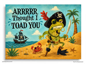 Cartoon pirate frog with a ship and palm trees in the background, featuring the text 'ARRRRR Thought I TOAD YOU'.