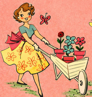 A woman in a yellow dress is pushing a cart filled with potted flowers, including a red rose, against a pink background with a butterfly and a flower.