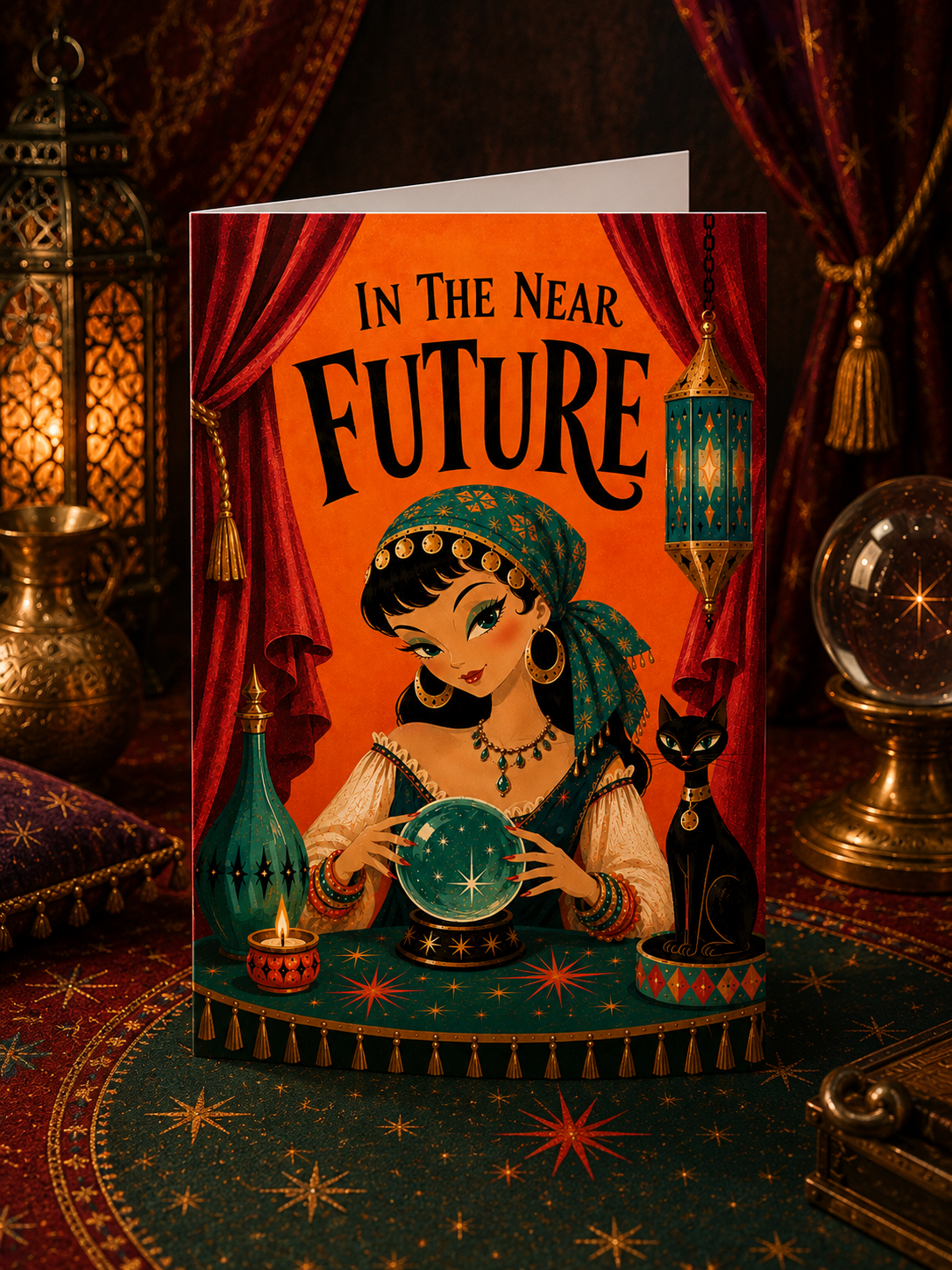 A folded greeting card featuring retro-futuristic fantasy artwork with the text 'IN THE NEAR FUTURE' above a woman in ornate clothing holding a glowing crystal ball, with red curtains, lanterns, and a black cat around her.