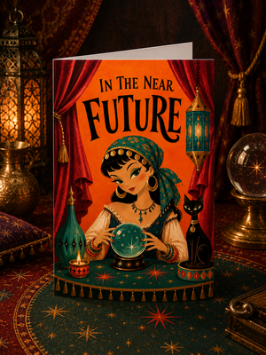 A vertical greeting card featuring a whimsical retro illustration of a woman with a starry globe, set against red curtains and a bright orange background. The card is displayed in a mystical, warm-toned room decorated with brass lanterns, a crystal ball, and a star-patterned rug.