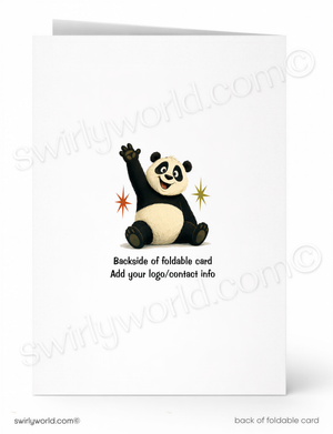 A folded white greeting card shown front and back on a white background. The front features a cartoon panda sitting and waving, with small starburst accents and the text 'Backside of foldable card' and 'Add your logo/contact info.