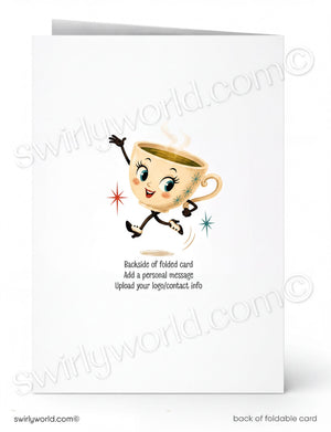 A white card with a cartoon illustration of a cup of coffee with a smiling face and dancing arms, along with some text instructions for adding a personal message.