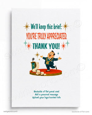Vintage-style card with a cartoon character on a stage, text 'You're truly appreciated. Thank you!', and decorative elements.