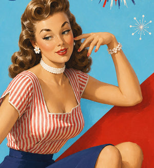 A vintage-style illustration of a woman with curly hair wearing a red and white striped blouse and a choker necklace, sitting on a red surface with a blue background.