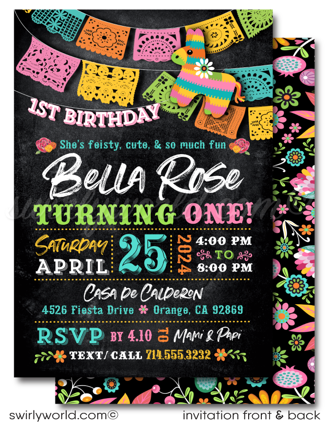 Celebrate your little señorita's first birthday with our vibrant "Papel Picado" Fiesta Birthday Invitation Set. Featuring pastel papel picado flags, flowers, a cheerful donkey piñata, and eye-catching typography, this set captures the essence of a joyful Mexican fiesta. Includes matching thank you cards and envelopes.