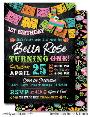 Celebrate your little señorita's first birthday with our vibrant "Papel Picado" Fiesta Birthday Invitation Set. Featuring pastel papel picado flags, flowers, a cheerful donkey piñata, and eye-catching typography, this set captures the essence of a joyful Mexican fiesta. Includes matching thank you cards and envelopes.