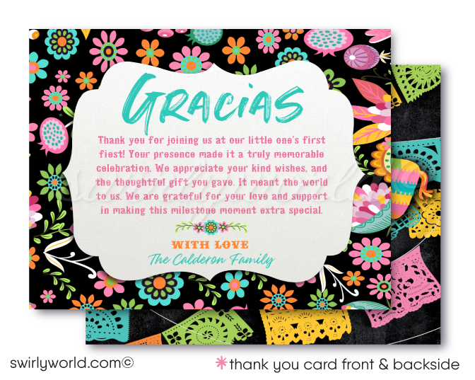 Celebrate your little señorita's first birthday with our vibrant "Papel Picado" Fiesta Birthday Invitation Set. Featuring pastel papel picado flags, flowers, a cheerful donkey piñata, and eye-catching typography, this set captures the essence of a joyful Mexican fiesta. Includes matching thank you cards and envelopes.