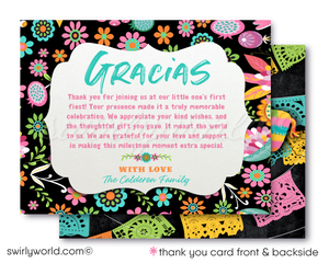 Celebrate your little señorita's first birthday with our vibrant "Papel Picado" Fiesta Birthday Invitation Set. Featuring pastel papel picado flags, flowers, a cheerful donkey piñata, and eye-catching typography, this set captures the essence of a joyful Mexican fiesta. Includes matching thank you cards and envelopes.