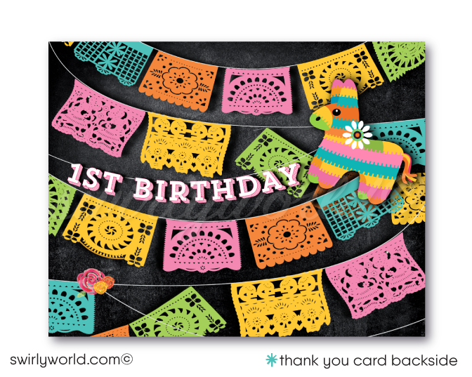 Little Señorita Mexican "Papel Picado" Paper Flags Fiesta 1st Birthday Party Invitations