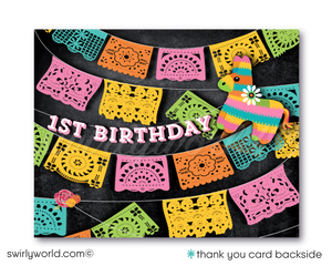 Little Señorita Mexican "Papel Picado" Paper Flags Fiesta 1st Birthday Party Invitations