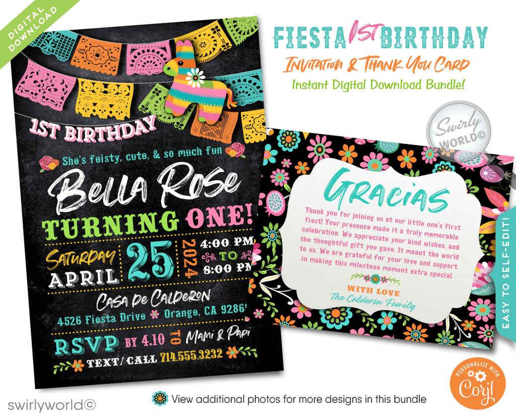 Little Señorita Mexican "Papel Picado" Paper Flags Fiesta 1st Birthday Party Invitations
