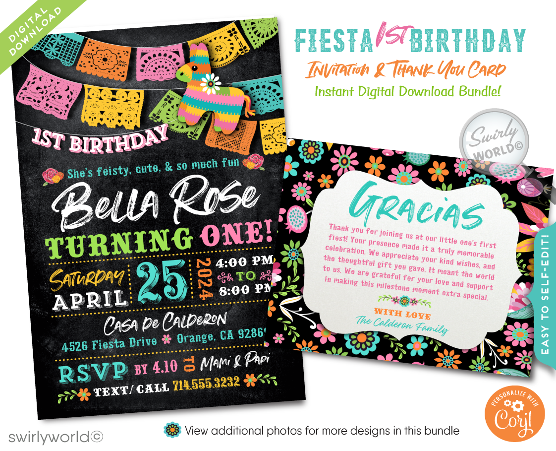 Celebrate your little one's milestone with our Little Señorita Mexican Muchacha "Papel Picado" Fiesta Birthday Invitation. This vibrant digital download features pastel-colored papel picado flags, flowers, a donkey piñata, and fun typography. Personalize with a photo and get matching thank you cards and envelopes. Make your child's first birthday unforgettable!