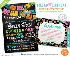 Celebrate your little one's milestone with our Little Señorita Mexican Muchacha "Papel Picado" Fiesta Birthday Invitation. This vibrant digital download features pastel-colored papel picado flags, flowers, a donkey piñata, and fun typography. Personalize with a photo and get matching thank you cards and envelopes. Make your child's first birthday unforgettable!