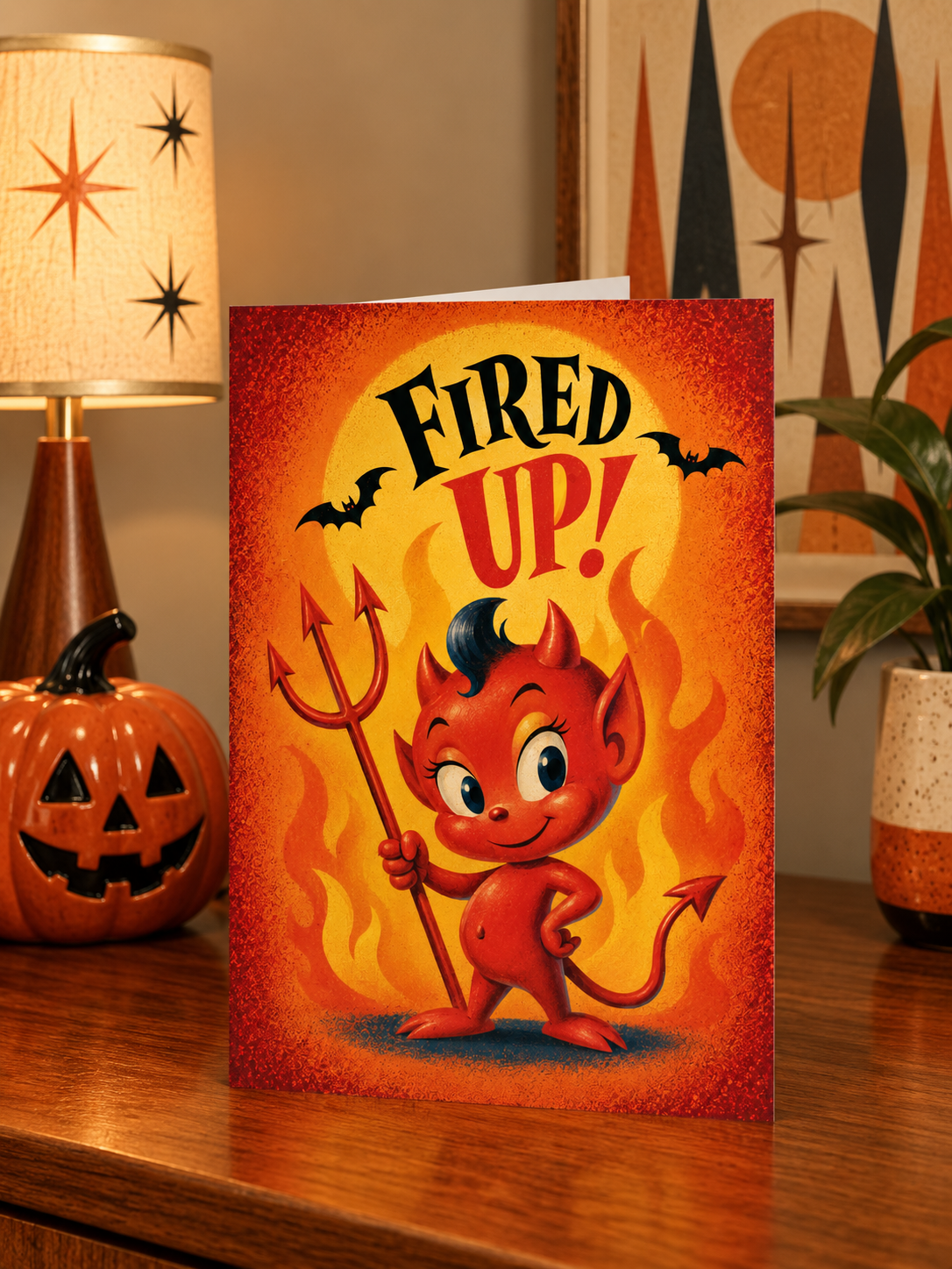 Little Devil Printed Halloween Greeting Card - "All Fired Up!" Humorous Design