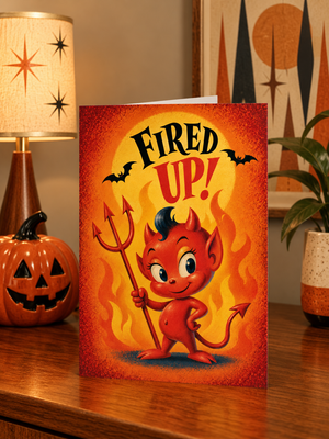 Little Devil Printed Halloween Greeting Card - "All Fired Up!" Humorous Design