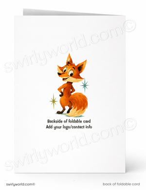 A white foldable greeting card shown front and back. The front features a cartoon orange fox with small star accents, and the back shows placeholder text reading 'Backside of foldable card' and 'Add your logo/contact info'.