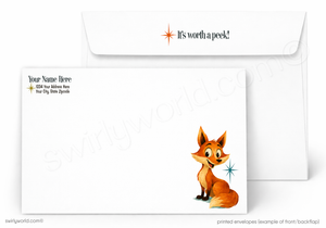 A white printed envelope set shown on a light gray background. The front envelope has a cartoon fox illustration near the lower right and sample text fields on the left.