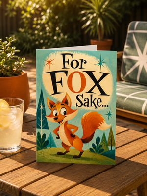 A greeting card featuring a whimsical illustration of an orange fox with the text 'For FOX Sake.
