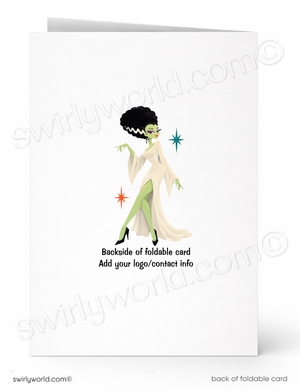 A folded white greeting card shown front and back on a white background. The front features a retro-style illustration of a woman with dark hair, a long cream dress, and green tights with small colored starburst accents.