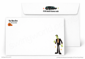 White stationery envelopes shown on a light gray background, with printed Halloween-themed graphics: a pumpkin and the text 'Your Name Here' on one envelope and a green monster with stars on the other. A watermark and small footer text are visible.