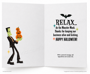 An open folding greeting card with a white background, featuring a black-and-green Frankenstein illustration on the left and Halloween-themed text on the right including 'RELAX.