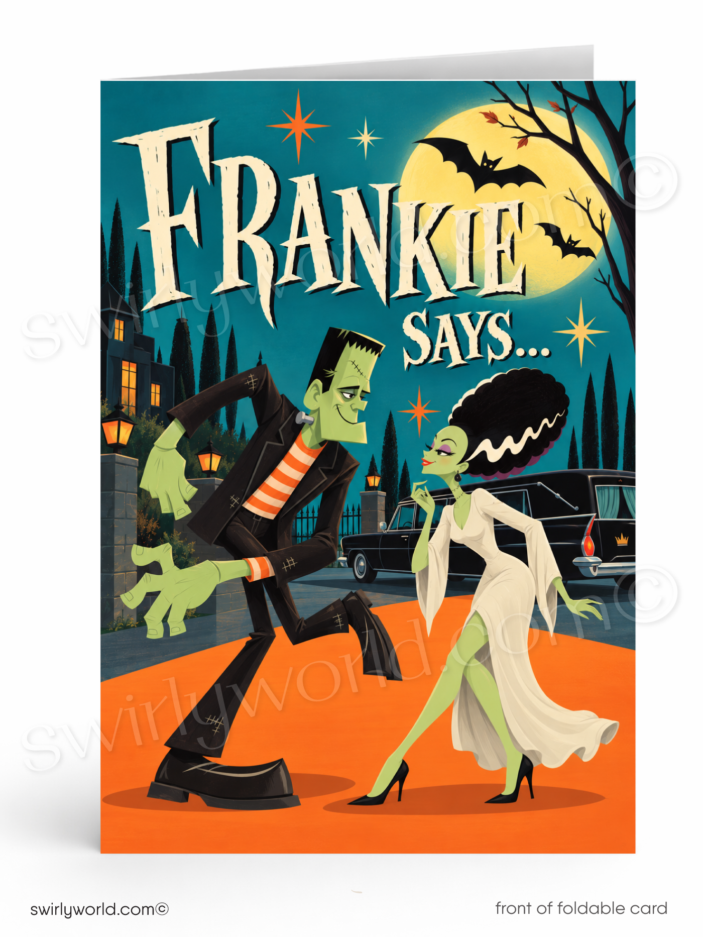 A folded greeting card shown front-on against a white background. The card artwork features a Halloween night scene with the large text 'FRANKIE SAYS.