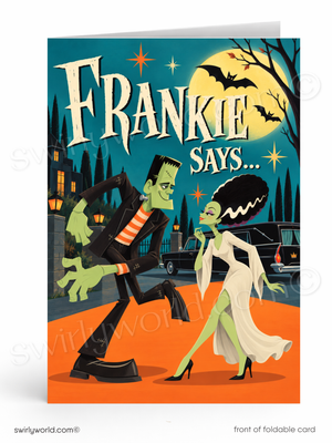 A folded greeting card shown front-on against a white background. The card artwork features a Halloween night scene with the large text 'FRANKIE SAYS.