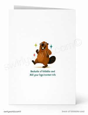 Backside of a foldable card with a cartoon beaver design and space for customization.