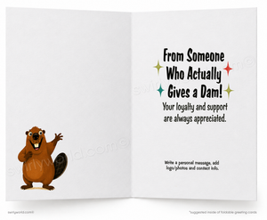 Greeting card with cartoon beaver and message 'From Someone Who Actually Gives a Dam!'