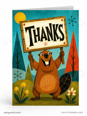 Card with a cartoon beaver holding a 'Thanks' sign against a forest background