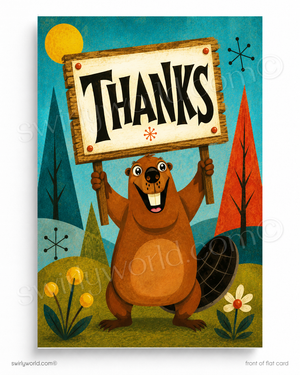 Illustration of a beaver holding a 'THANKS' sign with a retro-style background.