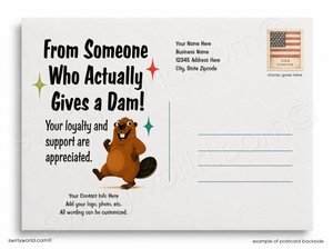 Postcard with a cartoon beaver and text 'From Someone Who Actually Gives a Dam!'