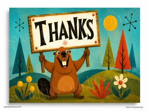 Cartoon beaver holding a 'THANKS' sign with a retro-style landscape in the background.