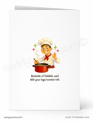 Backside of a foldable card with a chef illustration and text space for branding.