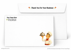 Envelopes with cartoon character holding a silver tray and 'Thank You For Your Business' text.