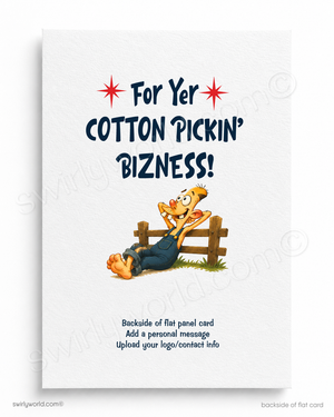 Cartoon character in overalls sitting on a fence with text 'For Yer Cotton Pickin' Bizness!' on a white background.