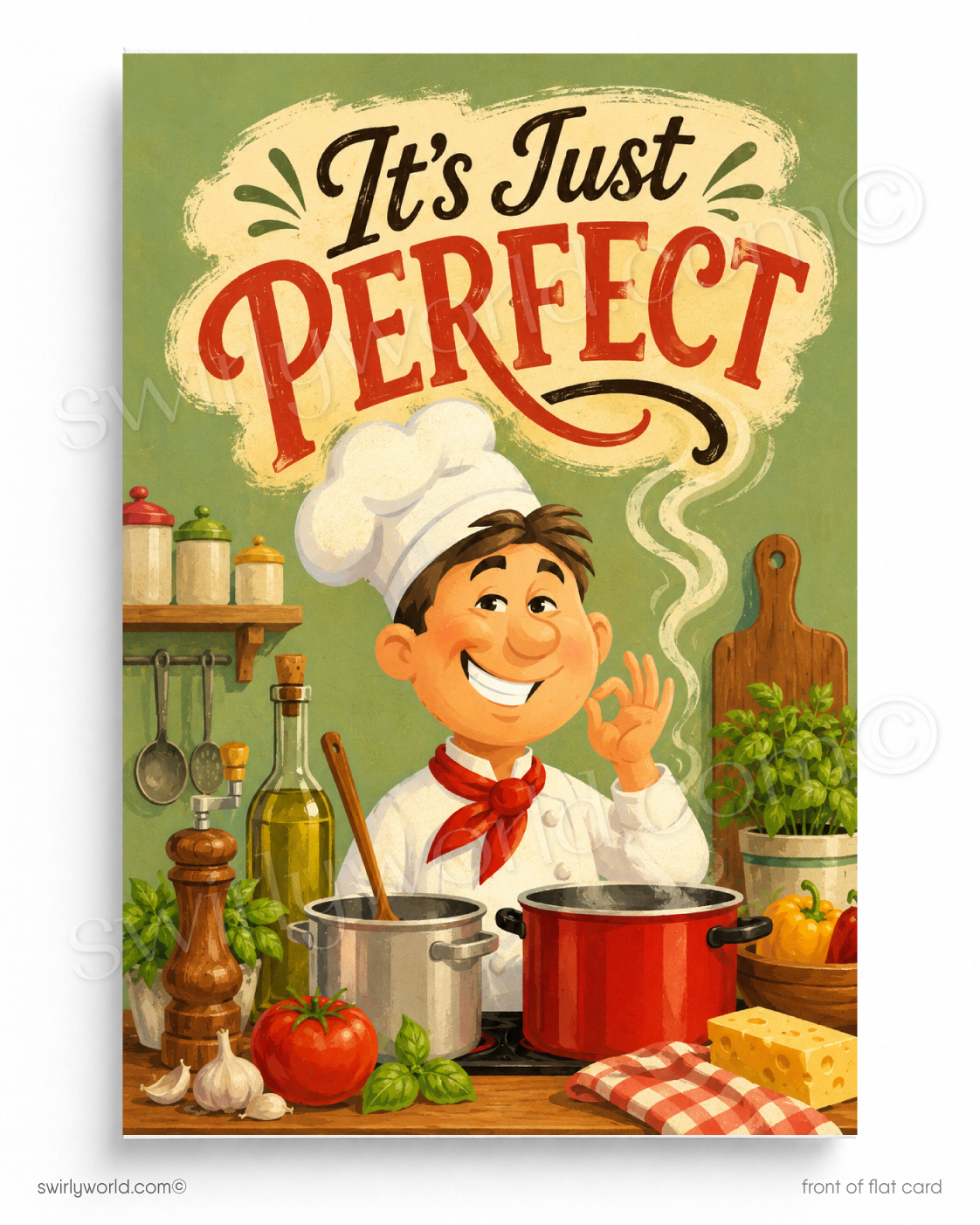 Vintage-style poster with a chef character and text 'It's Just Perfect' in a kitchen setting.