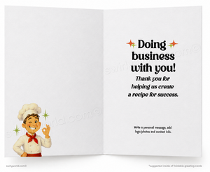 Open card with cartoon chef and business greeting text on a white background