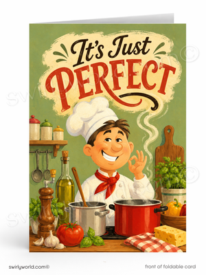 Card with a chef character and text 'It's Just Perfect' in a kitchen setting.