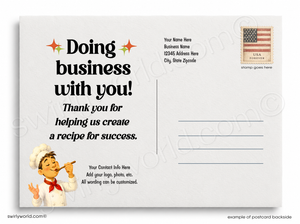 Promotional postcard with a cartoon chef and text about business partnership on a white background.