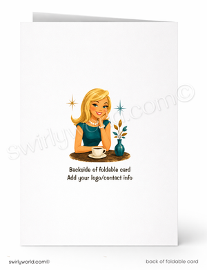 Backside of a foldable card with an illustration of a woman sitting at a table, featuring branding text.