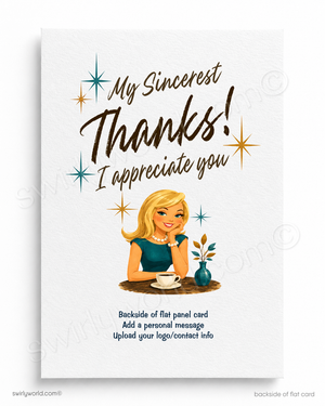 Greeting card with a woman sitting at a table, holding a cup of coffee, and text 'My Sincerest Thanks! I appreciate you'.