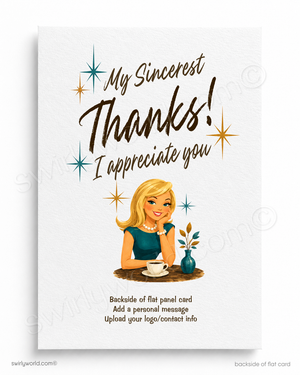 Greeting card with a woman at a table and text 'My Sincerest Thanks! I appreciate you' on a white background.