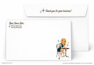 Envelopes with a cartoon woman sitting on a chair and 'Thank you for your business!' text.
