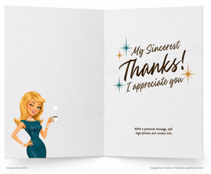 Open greeting card with cartoon woman holding a coffee cup and text 'My Sincerest Thanks! I appreciate you'.