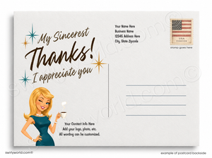 Postcard with a design of a woman holding a coffee cup and text 'My Sincerest Thanks! I appreciate you'.