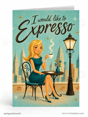 Vintage-style card with a woman in a blue dress holding a cup of coffee, sitting at an outdoor cafe table with a cityscape in the background.