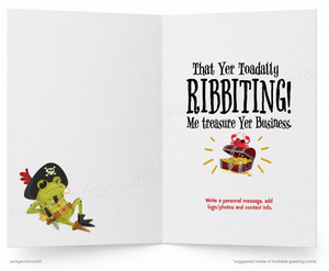 Open greeting card with a cartoon frog in a pirate hat and text 'That Yer Toadatty RIBBITTING! Me treasure Yer Business.'
