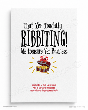 Greeting card with humorous text and a treasure chest illustration on a white background