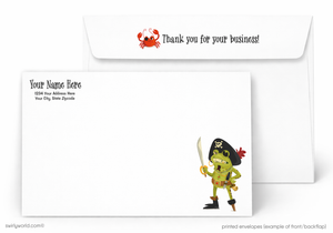 Pirate-themed printed envelope with a cartoon character and text on a white background